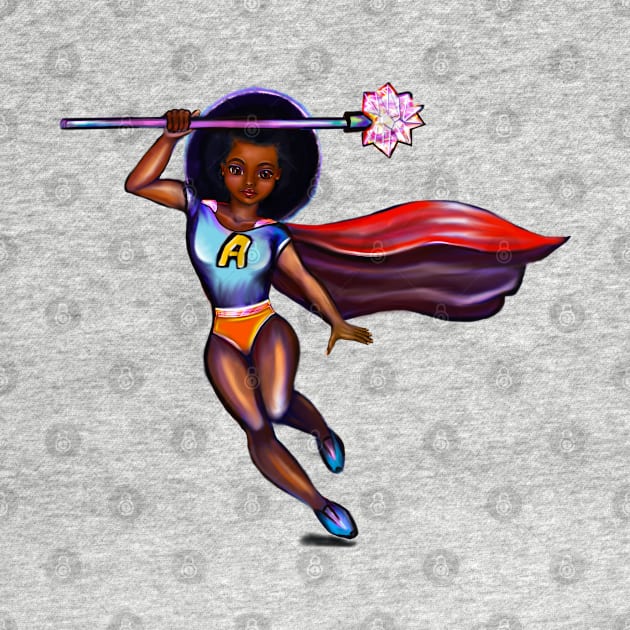 Black anime superhero girl from space with red cape ! beautiful  black girl with Afro hair, brown eyes, Cherry pink lips and dark brown skin. Hair love ! by Artonmytee